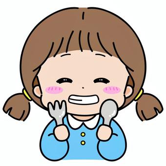幼稚園の給食を楽しみに待っている女の子 子供,給食,フォーク,持つ,女の子,楽しみ,笑顔,かわいい,食育,手書きのイラスト素材
