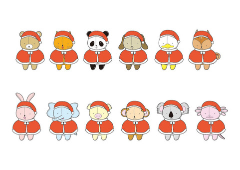 ちびぬいサンタ ちびぬい,動物,冬,クリスマス,くま,ねこ,パンダ,いぬ,アヒル,リスのイラスト素材