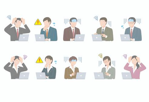 困るパソコン作業中のスーツの男女セット 悩む,困る,トラブル,男性,ビジネスマン,サラリーマン,ネクタイ,シャツ,20代,女性のイラスト素材