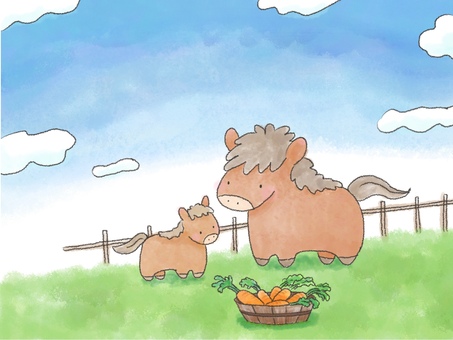 馬 親子 草原 馬,親子,草原,青空,雲,午年,干支,人参,冊,ほんわかのイラスト素材