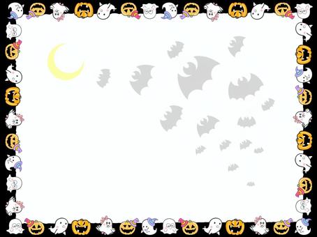 ハロウィンおばけフレーム小黒背景0143 ハロウィンおばけフレーム小黒背景0143 ハロウィン,かぼちゃ,おばけ,フレーム,黒縁,帽子,リボン,ゆるキャラ,コウモリ,三日月のイラスト素材