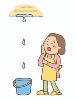 天井からの雨漏りで困っている主婦 雨漏り,天井,ポタポタ,しずく,バケツ,主婦,エプロン,スリッパ,困る,どうしようのイラスト素材