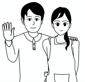仲良し夫婦 夫婦,仲良し,手,振る,男性,女性,2人,生活,線画,白黒のイラスト素材