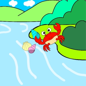 【短文カード】「か」の言葉④ カニ,川,貝殻,山,言語聴覚療法,絵カード,構音,情景画のイラスト素材