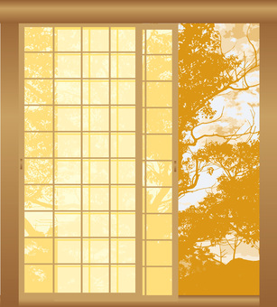 障子樹木 障子,樹木,自然,夕方,風景,引き戸,部屋,家,屋内,開けるのイラスト素材