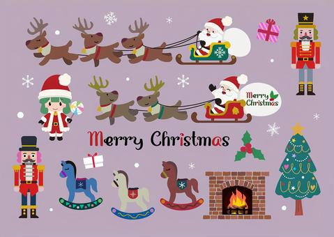 クリスマス_セット クリスマス,サンタクロース,木馬のイラスト素材