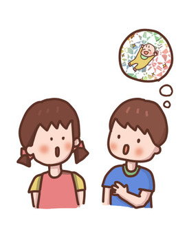 赤ちゃんについて話をする男女のお友達 友達,子ども,2人,会話,赤ちゃん,思い出,記憶,胎内記憶,体内記憶,おしゃべりのイラスト素材