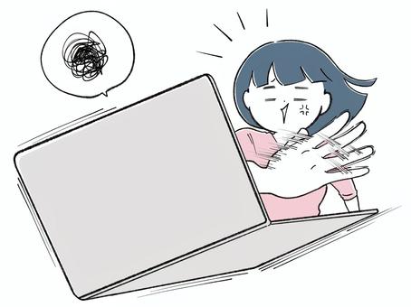 パソコン無理！！！とってもイラつく女 パソコン,イライラ,女性,人物,故障,怒る,ムカつく,腹が立つ,投げる,手放すのイラスト素材