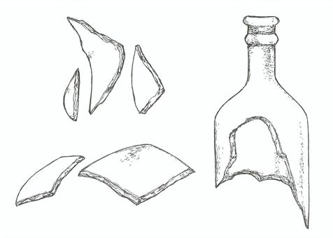 割れた瓶とガラス片の線画イラスト ガラス,ビン,ゴミ,破片,容器,手描き,リアル,モノクロ,挿絵,白バックのイラスト素材