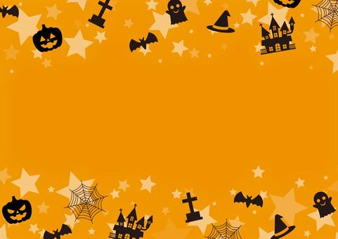 オレンジ色のハロウィンのフレーム素材 ハロウィン,秋,かぼちゃ,洋館,お化け,蝙蝠,蜘蛛の巣,お墓,帽子,星のイラスト素材