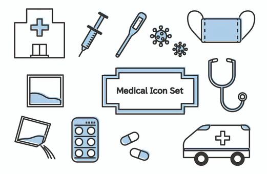 青いメディカルアイコンセット 医療,病院,薬,聴診器,アイコン,注射,セット,体温計,マスク,救急車のイラスト素材
