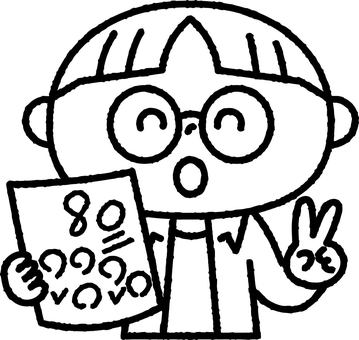 テストで80点をとった男の子モノクロ 人物,子供,テスト,高得点,80点,成績,学習,勉強,男の子,小学生のイラスト素材