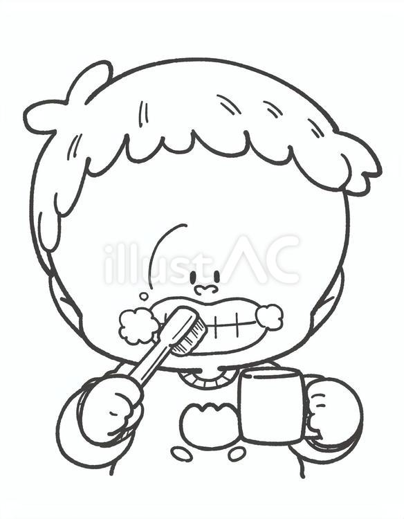 歯磨きをする子どもの白黒手描きイラスト 歯磨き,白黒,歯ブラシのイラスト素材