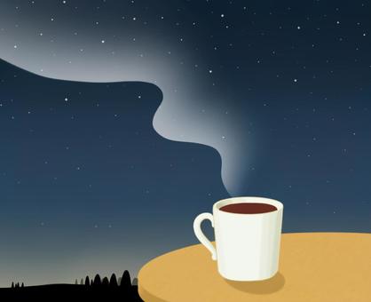 夜空に白いカップと湯気 カップ,飲み物,丸テーブル,白,コーヒー,ココア,夜,星空,寒い,湯気のイラスト素材