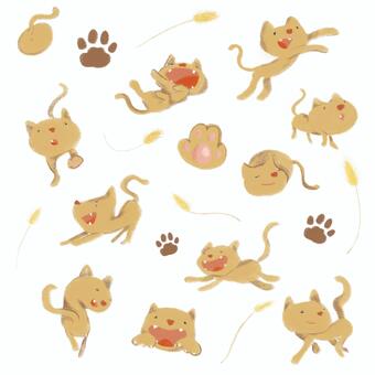 ねこ 猫,茶トラ,楽しい,かわいい,茶色,キャラクター,色鉛筆,パステル,猫じゃらし,足跡のイラスト素材