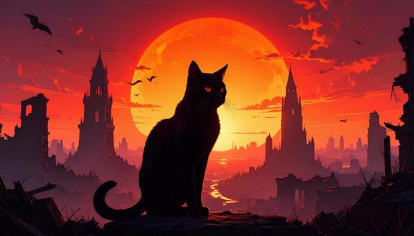 廃墟の街に佇む黒猫