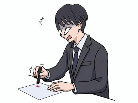 ハンコを失敗して動揺するスーツ姿の男性 印鑑,ハンコ,ミス,失敗,スーツ,男性,ビジネス,仕事,デスクワーク,焦るのイラスト素材