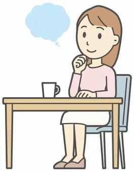  ロングヘア女性-036-全身 考える,女性,女の子,人物,かわいい,想像,イメージ,理想,座る,机のイラスト素材