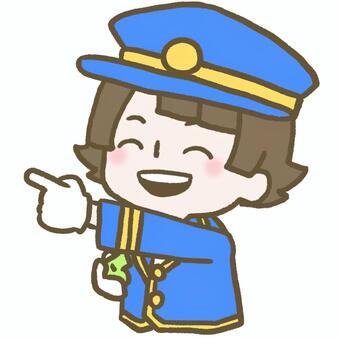 車掌さんの格好をして指をさす子ども こども,子ども,車掌,駅長,指さし,合図,帽子,制服,手袋,笛のイラスト素材