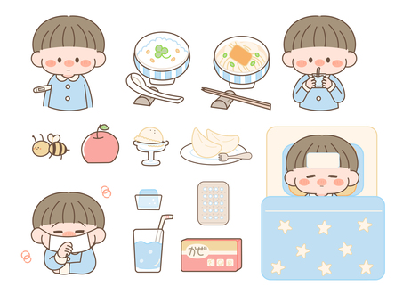 こども　風邪　セット 風邪,体調不良,病気,発熱,咳,水分補給,水,コップ,検温,お粥のイラスト素材