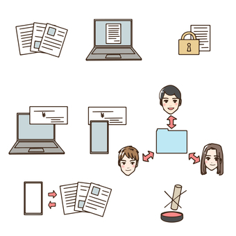 クラウドサービスについてのイラストセット クラウドサービス,電子印鑑,書類,会計ソフト,会計サービス,確定申告,領収書,請求書,ダウンロード,ファイルのイラスト素材