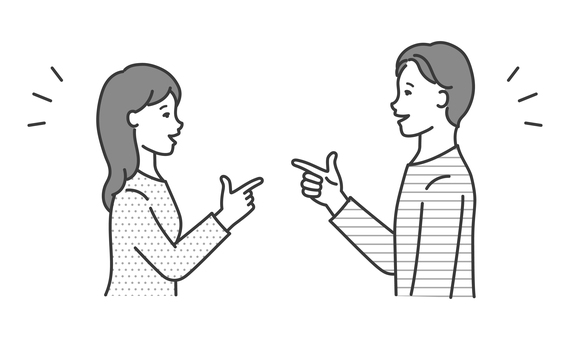 横向きで指差しする男女の横顔イラスト素材 人物,女性,男性,横顔,横向き,指差し,人差し指,ひらめく,思いつく,思い出すのイラスト素材