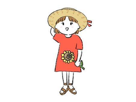 ひまわりを持つ麦わら帽子の女の子上向き ひまわり,女の子,子ども,少女,女子,女児,可愛い,上向き,麦わら帽子,麦わらのイラスト素材