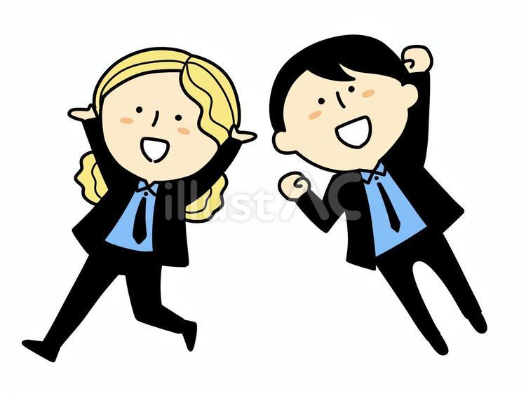 喜ぶ黒いスーツの女性と男性 男性,女性,万歳のイラスト素材