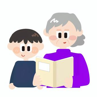 男の子に本を読み聞かせる老人女性 読書,本,秋,お年寄り,老人,女性,子供,こども,男の子,男児のイラスト素材