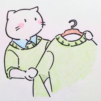 服をすすめるねこアパレル店員 アパレル,アパレル店員,服,服屋,ニット,ブラウス,ハンガー,ブランド,ねこ,職業のイラスト素材