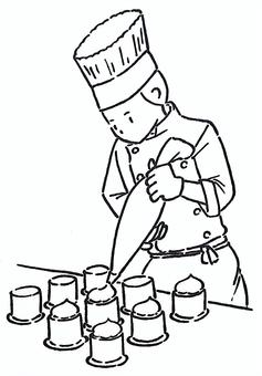 クリームを絞るパティシエ(線画) パティシエ,クリーム,絞り,ケーキ,ケーキ作り,ケーキ屋さん,洋菓子店,シェフ,お菓子作り,職業のイラスト素材