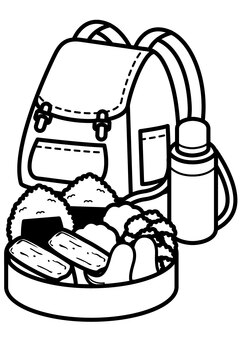 遠足弁当-1c お弁当,弁当,リュック,水筒,遠足,行楽,おにぎり,ウインナー,タコさんウインナー,唐揚げのイラスト素材