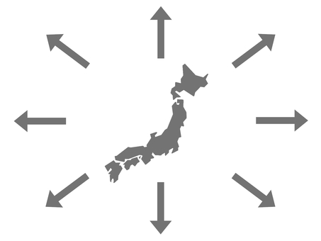 日本列島から八方に矢印が出る様子（灰色） 日本,日本列島,日本地図,国土,地図,矢印,八方,8本,出撃,打って出るのイラスト素材