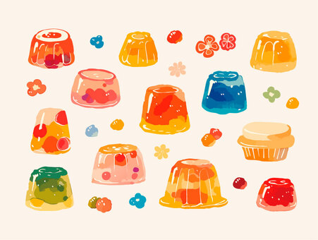 かわいいカラフルなゼリー達 ゼリー,ゼラチン,プルプル,ブルーベリー,ぶどう,みかんゼリー,桃ゼリー,フルーツ,ストロベリー,いちごのイラスト素材