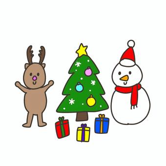 トナカイとクリスマスツリーと雪だるま クリスマス,トナカイ,クリスマスツリーのイラスト素材