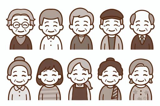 笑顔のおじいちゃん・おばあちゃん・セピア 高齢者,お年寄り,年配者,中高年,老人,50代,60代,70代,白髪,メガネのイラスト素材