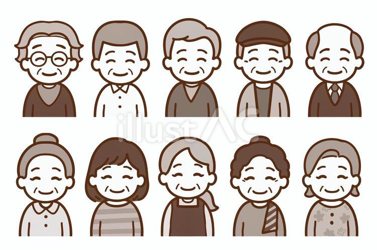 笑顔のおじいちゃん・おばあちゃん・セピア 高齢者,お年寄り,年配者のイラスト素材
