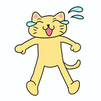 泣き笑いするねこ　全身 ねこ,動物,キャラ,ポップ,かわいい,泣き笑い,涙,汗,泣く,笑うのイラスト素材