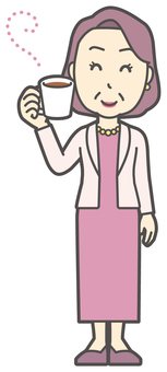  お金持ちマダム-014-全身 コーヒー,おばさん,中年,女性,富裕層,マダム,裕福,お金持ち,ミセス,おばちゃんのイラスト素材