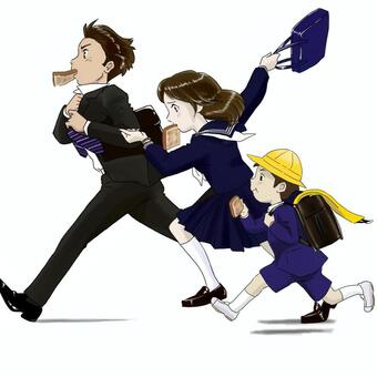 慌ただしい行ってきまーすの風景 通勤,通学,朝,サラリーマン,女子高校生,小学生,食パン,ネクタイ,スーツ,セーラー服のイラスト素材