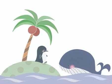 クジラとペンギンのイラスト　線なし クジラ,ペンギン,ヤシ,木,実,動物,植物,海,イラストのイラスト素材