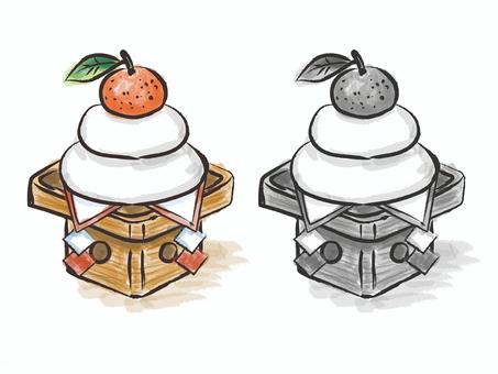 お正月　鏡もち　筆描き風2種 お正月,鏡餅,かがみもち,カラー,モノクロ,手描き,筆,墨,食べ物,お祝いのイラスト素材