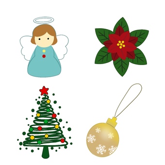 ４つのクリスマスオーナメント　２ オーナメント,クリスマス,ポインセチア,クリスマスツリー,天使,オーナメントボール,ボール,飾り,教材,保育園のイラスト素材
