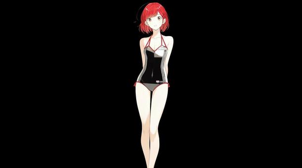 赤髪ショートの少女と黒い競泳水着