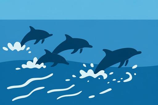 青い海を翔ける イルカたちの群舞 青い海を翔ける イルカたちの群舞 イルカ,群れ,海,ジャンプ,シルエット,水しぶき,波,海洋生物,シンプル,イラストのイラスト素材