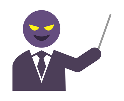 悪い顔の指示棒を持つネクタイの人 詐欺師,悪徳業者,人物,悪人,アイコン,マルチ商法,説明,解説,セミナー,指示棒のイラスト素材