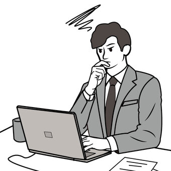 パソコンを見て思案しているサラリーマン サラリーマン,ビジネスマン,男性,会社員,思案,考える,悩み,困る,仕事,デスクワークのイラスト素材
