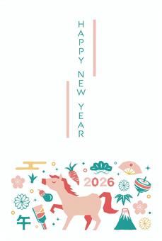 年賀状2026_馬と和飾り_おしゃれ_5 年賀状,馬,おしゃれ,かわいい,和風,2026年,2026,午,午年,テンプレートのイラスト素材