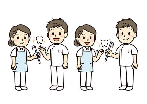 歯医者と歯科衛生士 歯医者,歯科衛生士,歯科助手,歯ブラシ,歯,笑顔,男女,男性,女性,エプロンのイラスト素材