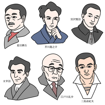 日本の文豪複数 文豪,作家,歴史人物,文学者,文化人,和風,教養,肖像,夏目漱石,芥川龍之介のイラスト素材